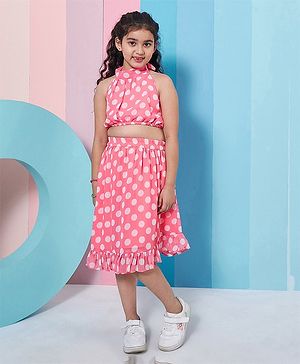 Pspeaches Georgette Sleeveless Polka Dots Printed Top With Coordinating Skirt - Pink