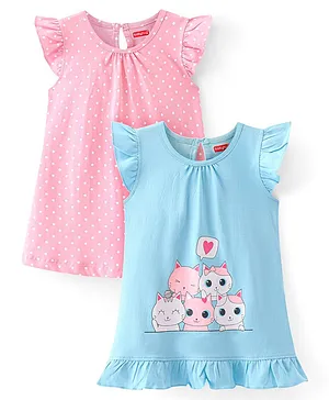 Babyhug Cotton Knit Frill Sleeves Nighty Polka & Dot Print Pack of 2 - Multicolor