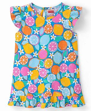 Babyhug Single Jersey Knit Frill Sleeves Nighty Floral & Orange Print - Blue