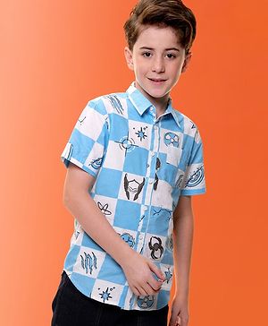 Pine Kids Marvel Cotton Woven Half Sleeves Denim Shirt with Avengers Print - Blue