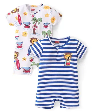 Babyhug 100% Cotton Knit Half Sleeves Rompers With Striped & Lion Print Pack Of 2 - White & Blue