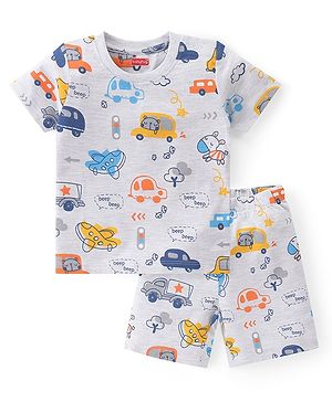 Babyhug Single Jersey Knit Half Sleeves Night Suit Car Print - White