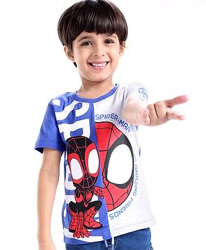 Babyhug Marvel Cotton Knit Half Sleeves T-Shirt Spider Man Print - White & Blue