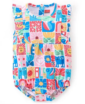 Babyhug 100% Cotton Knit Interlock Sleeveless Onesie With Floral & Animals Print - Multicolour
