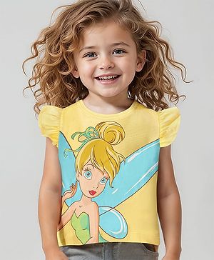 Babyhug Disney  100% Cotton Knit Frill Sleeves Top With Disney Princess Graphics  - Yellow