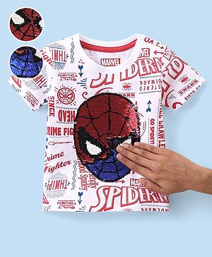 Babyhug Marvel Cotton Knit Half Sleeves T-Shirt with Spiderman Print and Reversible Sequins Detailing- White