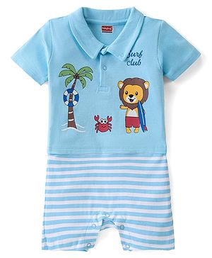 Babyhug 100% Cotton Knit Half Sleeves Romper Lion Print - Blue