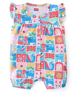 Babyhug 100% Cotton Knit Half Sleeves Romper With Kitten Print - Multicolour