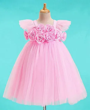 Enfance Cap Sleeves Floral Applique Layered Net Dress - Pink