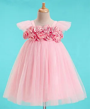 Enfance Cap Sleeves Floral Applique Layered Net Dress - Peach