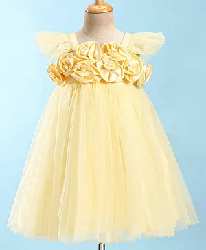 Enfance Cap Sleeves Floral Applique Layered Net Dress - Yellow