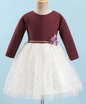 Enfance Full Sleeves Striped & Stars Embellished Bodice Net Dress - Maroon