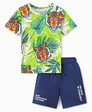 Ollington St. 100% Cotton Knit Half Sleeves T-Shirt & Shorts Set with Tiger Print  Multicolor & Navy