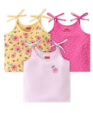 Babyhug 100% Cotton Poplin Woven Sleeveless Tie Knot Jhabla Floral & Polka Dot Print Pack of 3 - Yellow & Pink