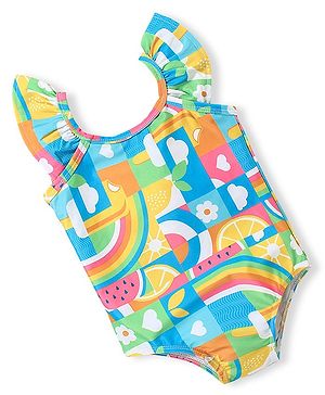 Babyhug Flutter Sleeves  Two Way Stretch Fabric  V Cut Swimsuit Rainbow Print - Multicolour
