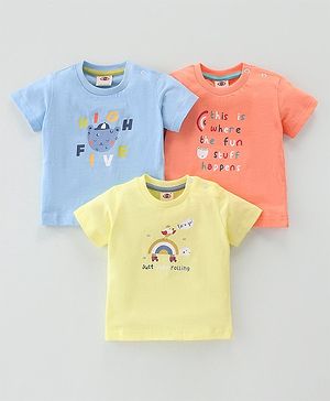 Zero Sinker Half Sleeves Bear Printed T-Shirts Pack of 3 - Orange Lime & Blue