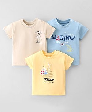 Zero Sinker Knit  Half Sleeves T-Shirts with Text & Boat Print Pack of 3 - Beige Blue & Yellow