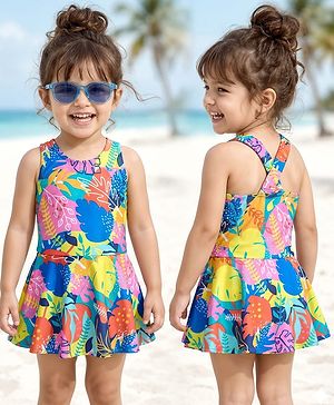 Babyhug Sleeveless Two Way Stretch Fabric Legged Frock Swimsuit Leaf Print - Multicolour