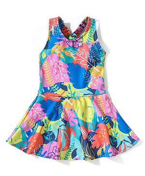 Babyhug Sleeveless Two Way Stretch Fabric Legged Frock Swimsuit Leaf Print - Multicolour