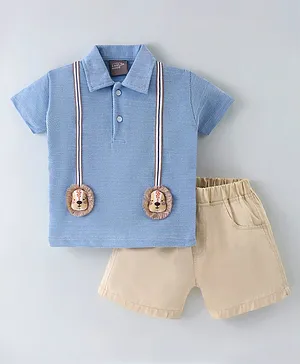Little Kangaroos Cotton Knit Half Sleeves Lion Applique T-Shirt & Shorts Set - Blue & Brown