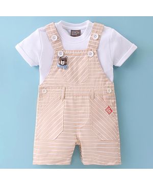 Little Kangaroos Cotton Woven Striped Dungaree with Half Sleeves T-Shirt - Fawn Beige