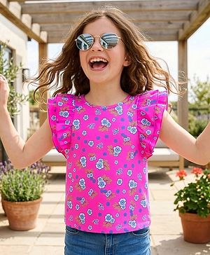 Pine Kids Cotton Frilled Sleeves Top Floral Print - Pink