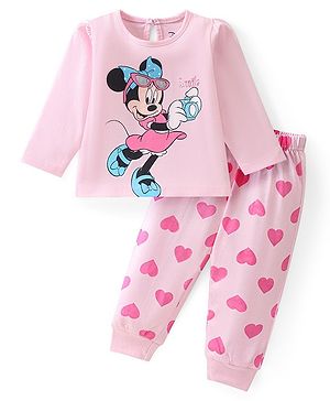 Babyhug Disney Cotton Knit Single Jersey Full Sleeve Night Suit With Minnie Mouse Graphics - Pink