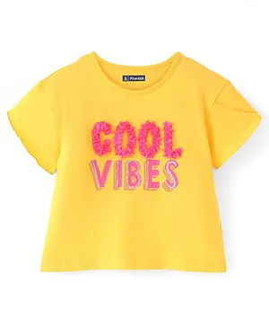 Pine Kids Cotton Knit Half Sleeves  Slicker Top with Text Print & Applique -  Yellow