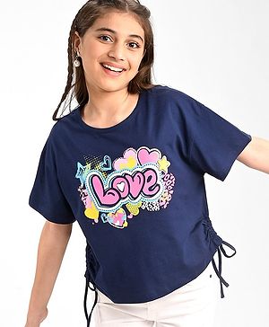 Pine Kids Cotton Knit Half Sleeves  Top with Knot Detailing  Text Print - Navy