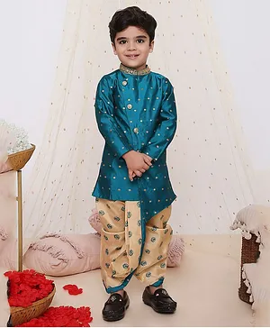 KID1 Full Sleeves Motif Embroidered & Floral Printed Sherwani Dhoti - Green