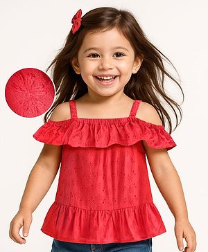 Babyhug Cotton Woven A-Line Half Sleeves Schiffli Cropped Top With Frill Detailing - Red