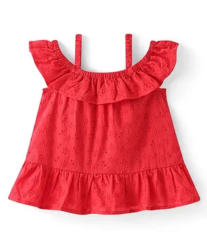 Babyhug Cotton Woven A-Line Half Sleeves Schiffli Top With Frill Detailing - Red