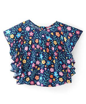 Babyhug Cotton Knit Half Sleeves Top With Frill Detailing & Floral  Print- Navy Blue