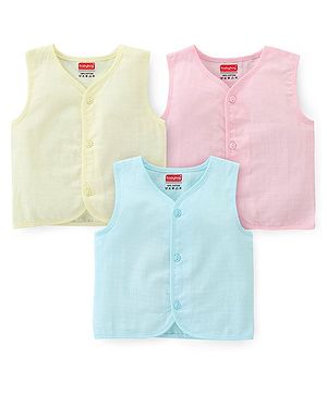 Babyhug 100% Cotton Poplin Sleeveless Front Open Jhablas Solid Colour Pack of 3- Pink Yellow & Blue