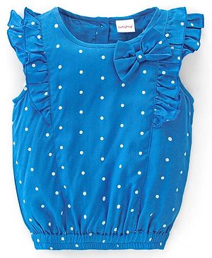 Babyhug 100% Rayon Woven Half Sleeves Top with Frill and Bow Detailing Polka Dot Print - Blue