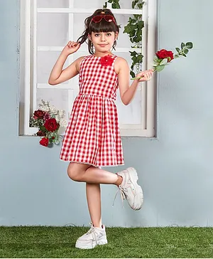 Lil Peacock Cotton Sleeveless Checked & Floral Applique Dress - Red