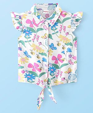 Babyhug Rayon Woven Frill Sleeves Top With Bow and Knot Detailing Floral Print - White