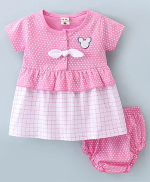 U R CUTE Half Sleeves Polka Dots Printed Dress With Bloomer  - Pink