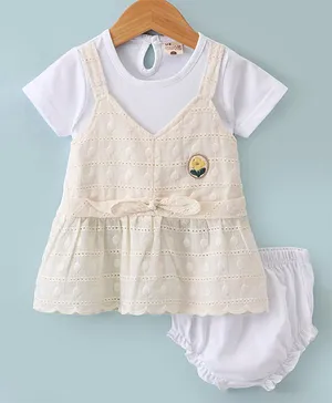 U R CUTE Half Sleeves Abstract Embroidered Dress With Bloomer - Cream