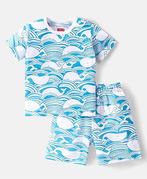 Babyhug Single Jersey Knit  Half Sleeves Nightsuit with Whale Print - Blue