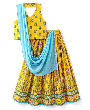 Earthy Touch 100% Cotton Knit Sleevless Choli with Lehenga & Dupatta Floral Print - Yellow