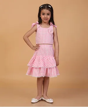 Lil Peacock Cotton Sleeveless Checked & Floral Applique Top With Frilled Skirt - Pink