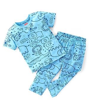 Babyhug Cotton Knit Single Jersey Half Sleeves Night Suit With Animals Print - Blue