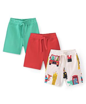 Bonfino  100% Cotton Knit Above Knee Length Shorts Solid & Bus Print  Pack of 3- Green Red & White