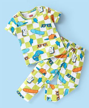 Babyhug Single Jersey Knit Half Sleeves Night Suit Skateboard Print - White & Green