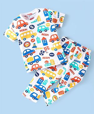 Babyhug Cotton Knit Half Sleeves Night Suit with Vehicle Print - Multicolor