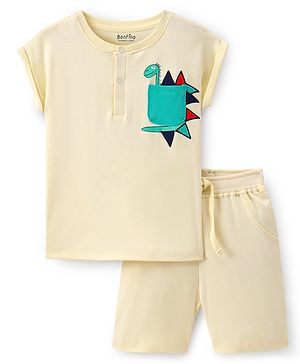 Bonfino 100% Cotton Knit Half Sleeves T-Shirt & Shorts Set with Dino Print & Pocket Detailing - Yellow