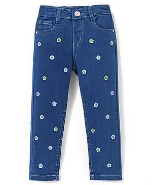 Babyhug Denim  Full Length with Stretch Washed Jeans With Floral Embroidery- Blue