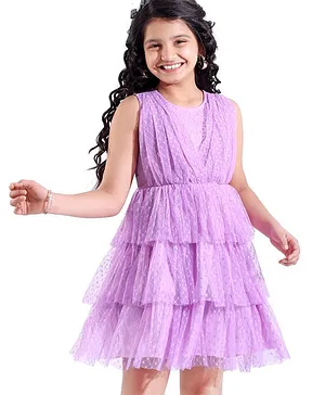 Hola Bonita Woven Sleeveless Knee Length Tiered Mesh Dress Polka Dot Print - Lilac