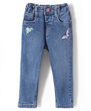 Babyhug Denim Full Length Jeans With Stretch & Butterfly Embroidery - Blue